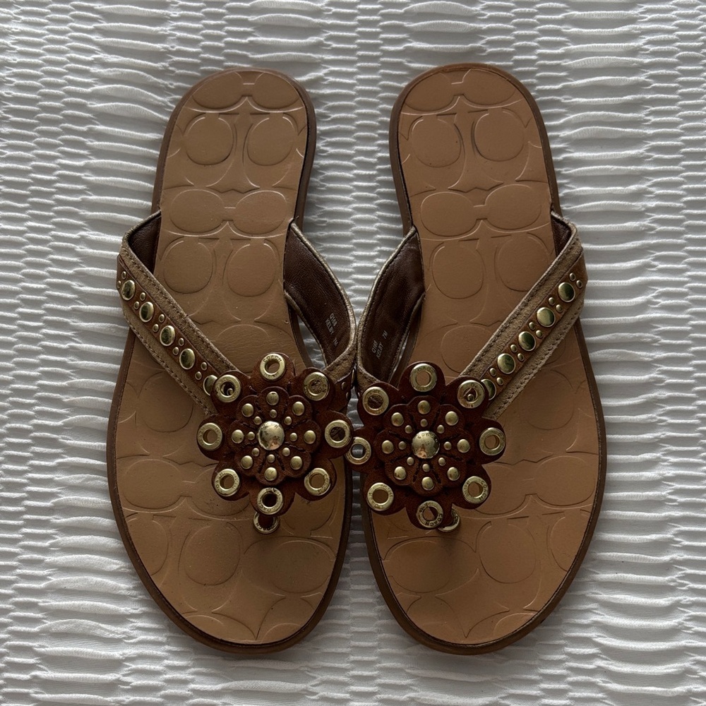 Coach Brown Beaded Floral Thong Sandals - Women